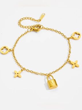 Gold Charm Padlock Bracelet with Floral Motifs